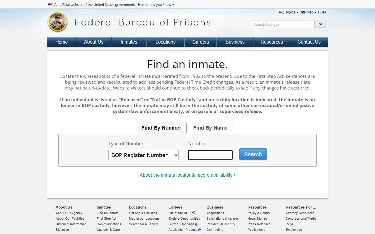 Federal BOP inmate locator showing custody details without booking photos