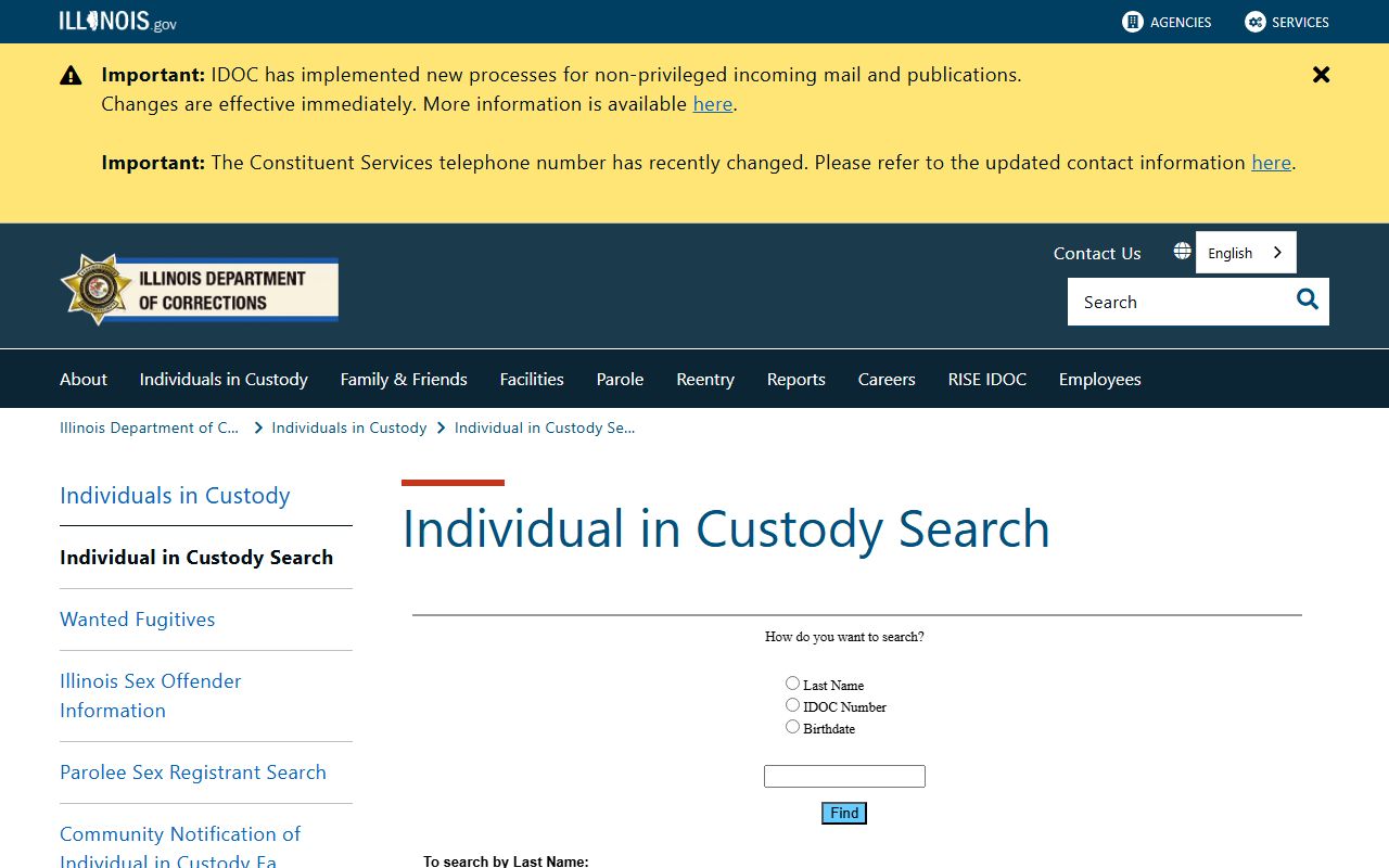 Illinois Department of Corrections inmate search for sentenced Lake County prisoners