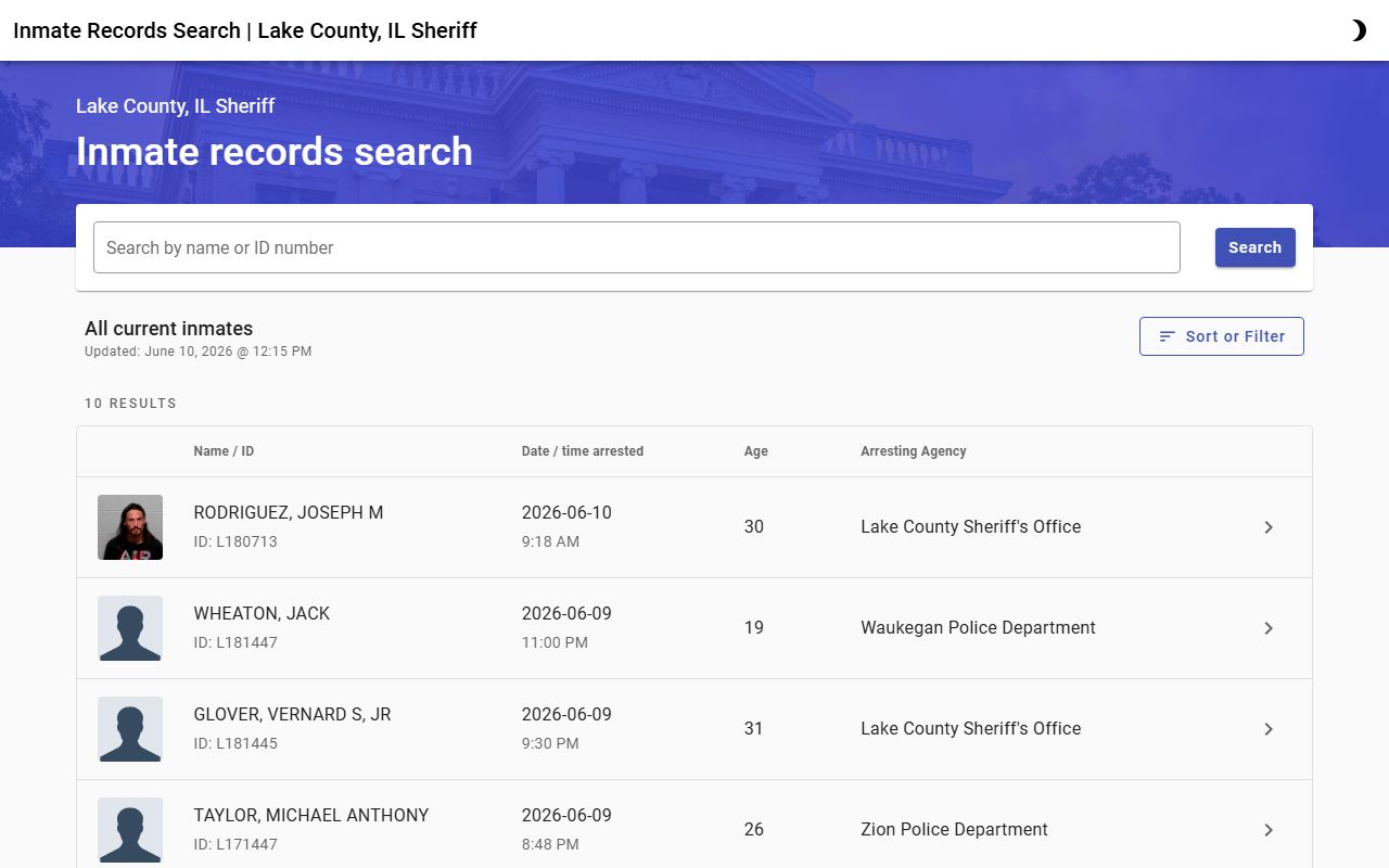 Lake County jail inmate roster search portal