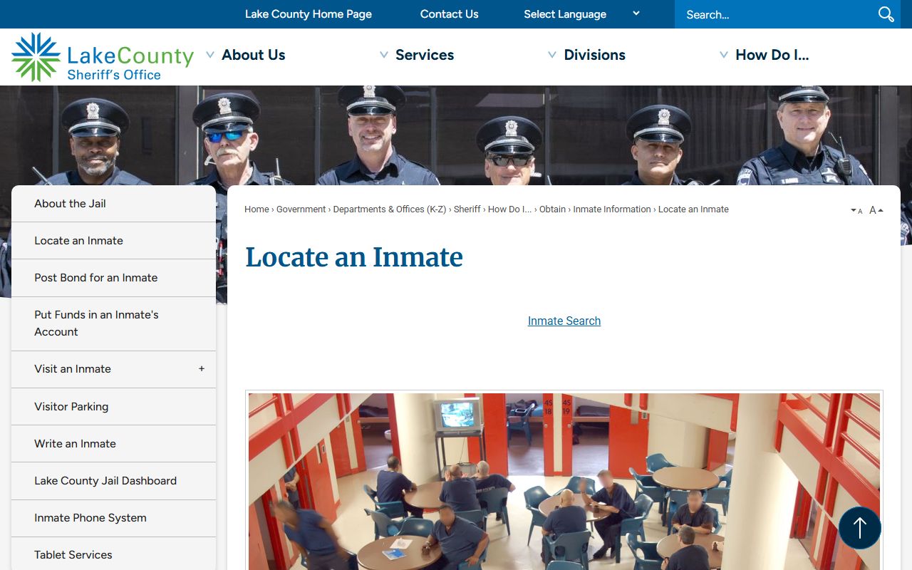 Lake County locate an inmate page linking to the jail roster booking photos