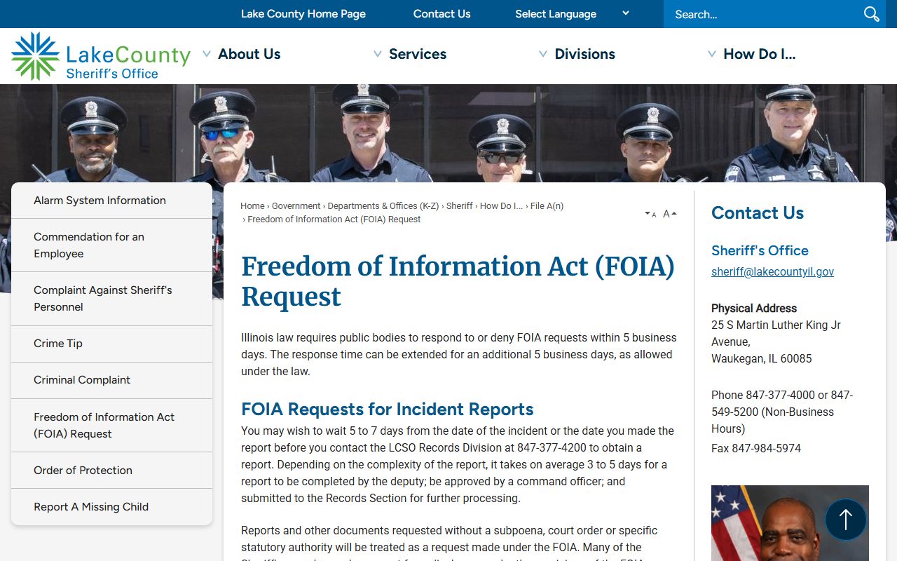 Lake County Sheriff FOIA request process for jail and inmate records
